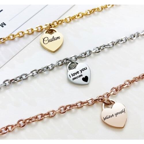 Heart Charm Bracelet for Women Girls Engraved Stainless Steel Link Bracelet Birthday Christmas Jewelry Gift Toggle Clasp
