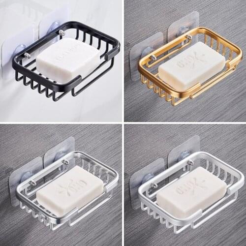 Bathroom Soap Dish Drill Free Soap Holder Wall Mounted Aluminum Rack Holder Hollow Type Soap Sponge Dish Bathroom Accessories