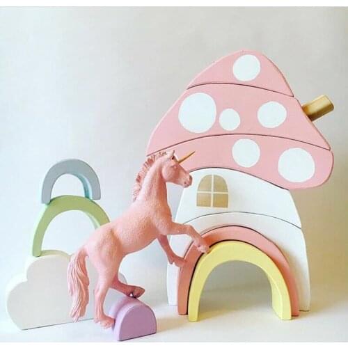 Nordic Wooden Block Mushroom Rainbow Children Building Blocks Toys Baby Early Learning Educational Kids Model Building Toy