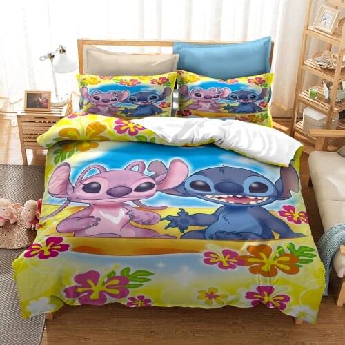 Disney Lilo & Stitch Children 3D Quilt Cover Pillowcase Cartoon Printed Pattern Brushed Polyester Soft Full Size Bedding Set