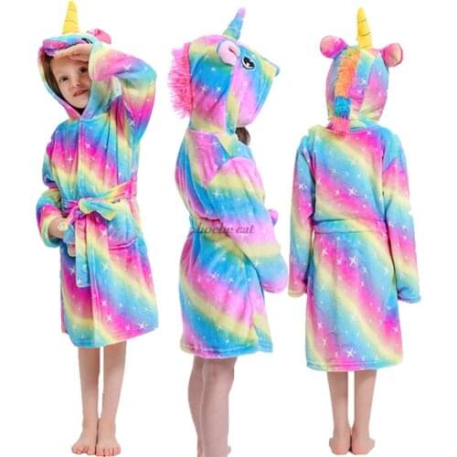 Baby Girls Robe Children Long Sleeved Bathrobe Sleepwear Cartoon Unicorn Hooded Bath Robe Toddler Girls Pajama Home Bathing Suit