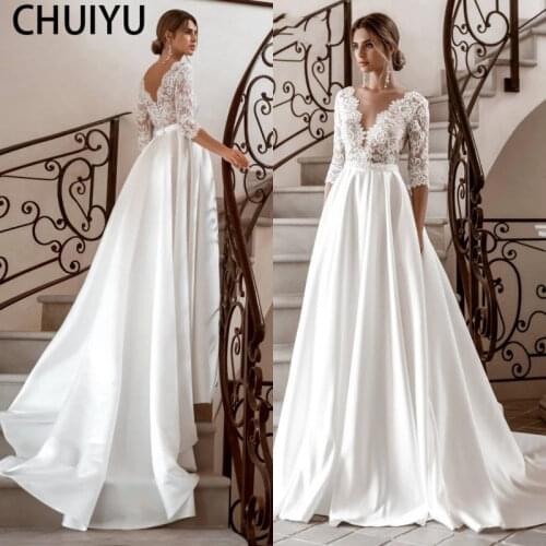 HERBURNL Elegant V-Neck Satin Wedding Gowns Dresses Lace Applique Long Sleeves Floor Length Stylish Fashion For Women