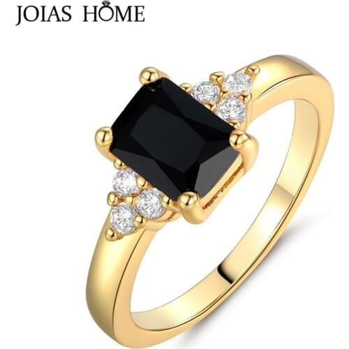 JoiasHome Classic Silver Ring For Women With Square Black Color Gemstones Gold Color Women Party Wholesale Gift Size 6-10