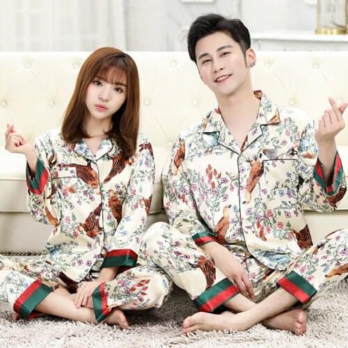 Summer Couple Men Women Flower Bird Printed Stain Lapel Long Sleeve Pants Sleepwear Lovers Female Pajamas Pyjamas Homewear