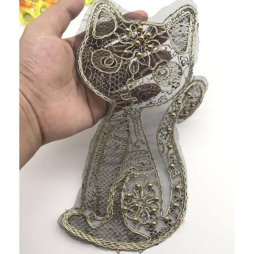 Cartoon Gold Cat Animal Embroidered Lace Sequin Fabric Patches for Clothing Sew on Clothes Appliques Stripe Craft Decoration DIY