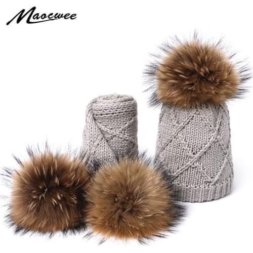 Real Fur Pompom Hats Scarf Set For Children Raccoon Fur Pompom Hat Scarf Set Girls Boys Knitted Beanies Hat Cap Brand Scarves