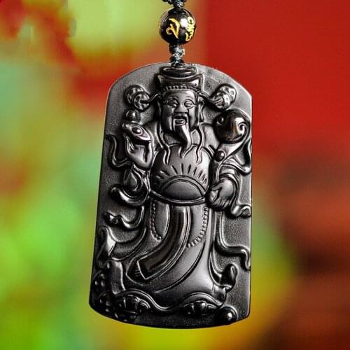 Natural Black Obsidian Beads Necklace Hand-Carved God of Wealth Jade Pendant Fashion Jewellery Amulet for Man Women Lucky Gifts