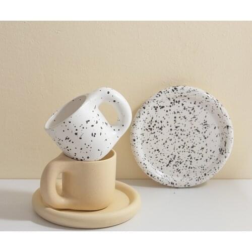 Nordic Cream Splash-ink Fat Handel Mugs With Round Plate Handmade Ceramic Tea Milk Water Cups Home Kitchen Tableware Decor Gifts