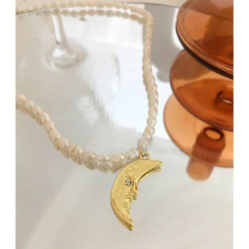 Monlansher Gold Color Crescent Moon Metal Pendant Necklace Natural Pearl Strand Choker Necklace French Vintage Necklaces Jewelry