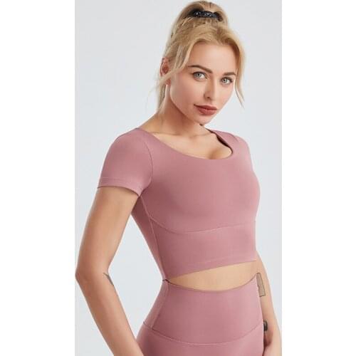 Casual Women Sport Shirts Yoga Short Sleeve Gym High Elastic Workout T Shirts Running Fitness Sport Tops M-2XL With Chest Pad