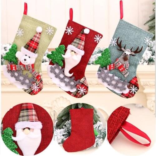 New Year 1PCS Christmas Stockings Socks with Snowman Santa Elk Bear Printing Xmas Candy Gift Bag Fireplace Xmas Tree Decoration