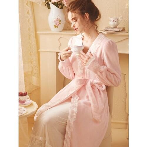 Rose Tree Free Shipping 2020 New Winter Womens Pink Flannel Robe Sleepwear Blue Nightgown Princess One piece Robe Nightdress