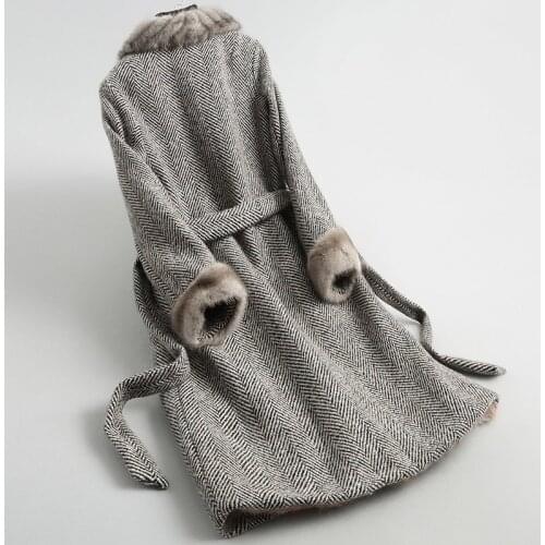 Wool Tweed Jacket Real Fur Coat Female Natural Lamb Fur Liner 2020 Long Women Winter Jackets Mink Collar 18621 WYQ2008 s