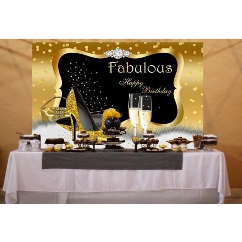 Fabulous Woman Backdrop Golden Glittering 30th 40th High Heels Birthday Party Banner Diamonds Photo Background Cake Table Decor