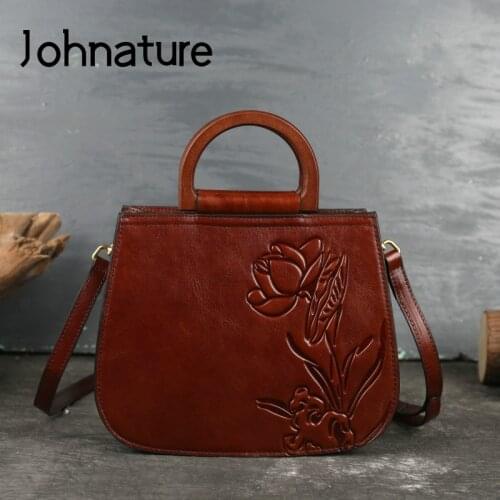 Johnature Vintage Genuine Leather Women Bag 2021 New Handmade Embossed First Layer Cowhide Handbag Leisure Lady Shoulder Bags