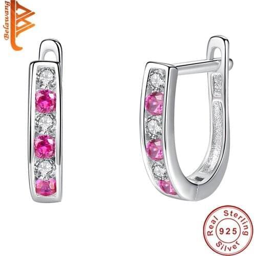 BELAWANG 100%925 Sterling Silver Dazzling Blue Rhinestone Round Circle Hoop Earrings for Female Sterling Silver Jewelry Valenti