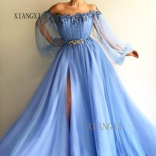Vestidos 2020 Sky Blue Evening Dress Sheer A-Line Jewel Neck Full Sleeves See-Through High Split Evening Dresses Long Formal Par