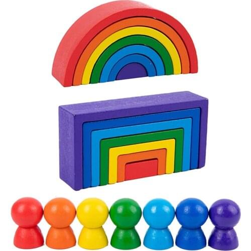 21Pcs/set Wooden Rainbow Blocks Building Blocks Puzzles Rainbow Stackers Grimms Wood Blocks Montessori Toys for Early Education