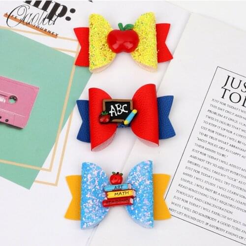 3Pcs/lot 3'' Back To School Bows Glitter Leather Hair Clips for Girls Handmade Bowknot Hairpin Hair Barrettes for Kids Headwear