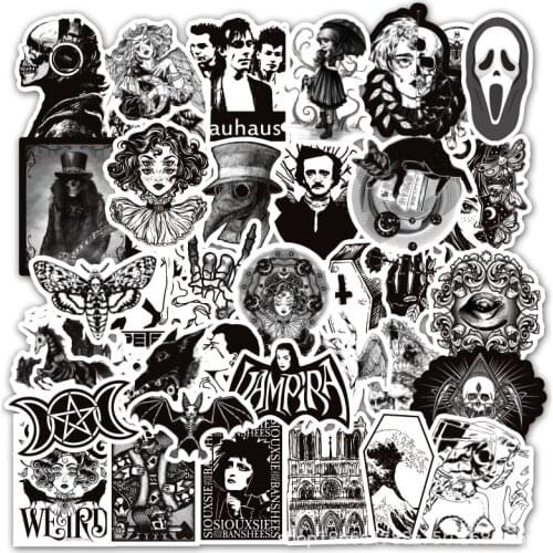 50Pcs/Lot Gothic Wind Stickers Black White Retro Horror Thriller Skull Girls Sticker For Luggage Skateboard Laptop Decal Sticker
