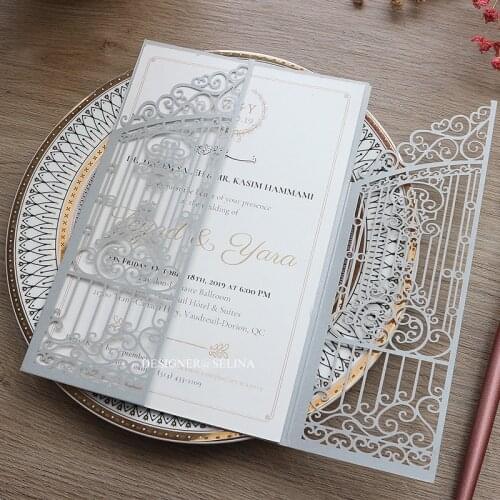 50pc Silver Classic Gate Fold Laser Cut Wedding Invitations Hollow Floral Bridal Shower Invites with Printed Customized Insert