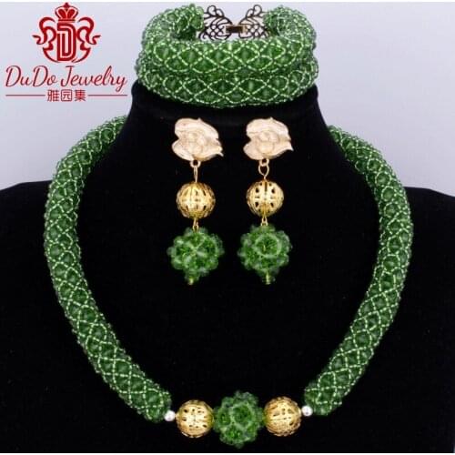 Free Shipping Apple Green African Nigerian Set of Beads Gold Balls Wedding Bride Jewelry Set Fashion Dubai Crystal Jewellery