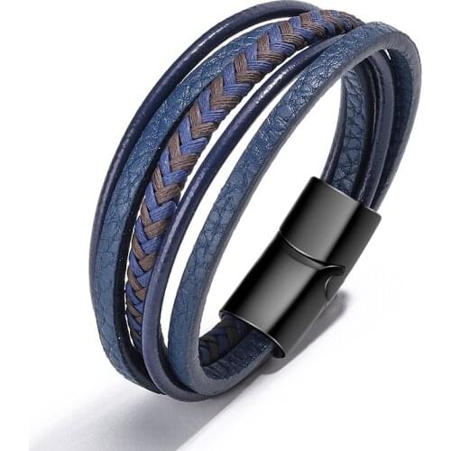 Blue Leather Hand Woven Bracelet Multi Layer Leather Clasp Bracelet Personality Mens Fashion Handsome Boy Birthday Gift