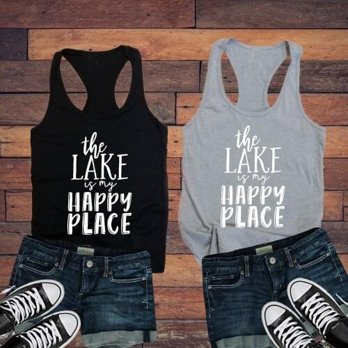 Funny Adventure Slogan Grunge Tumblr Vest Undershirt Singlet Sleeveless tee Garment The Lake Is My Happy Place Ladies Tank Top