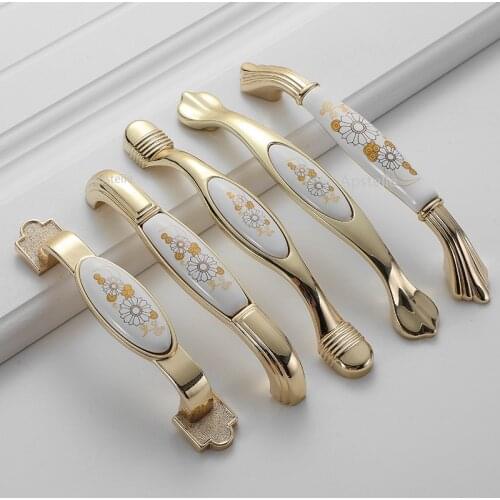Zinc Alloy Ceramic Flower Antique Cabinet Drawer Knobs Kitchen Cupboard Pulls Furniture Closet Hardwares European Fashion Gold