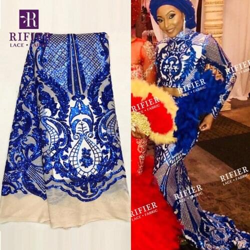 Royal Blue Color Sequins Lace Fabric African Nigerian New Design Embroidery Mesh Tulle Lace High Quality Lady Noble Dress Laces