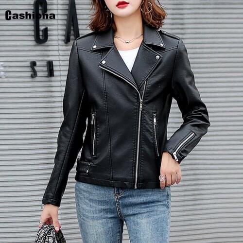 Cashiona 2020 Women Pu Leather Jackets Autumn Femme Coats Rivet Zipper Slim Lapel Collar Faux Leather Jacket Black Red Outerwear