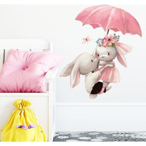 Cute Grey Bunny Ballet Rabbit Wall Stickers for Kids Room Cat Baby Nursery Wall Decals Pink Flower for Girl Room Home Decoration
