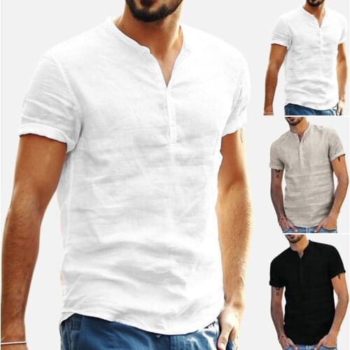 2021 Summer Mens Standing Collar Cotton Linen Short-sleeved Shirt European/USA Solid Color Pullover Casual Breathable Shirt