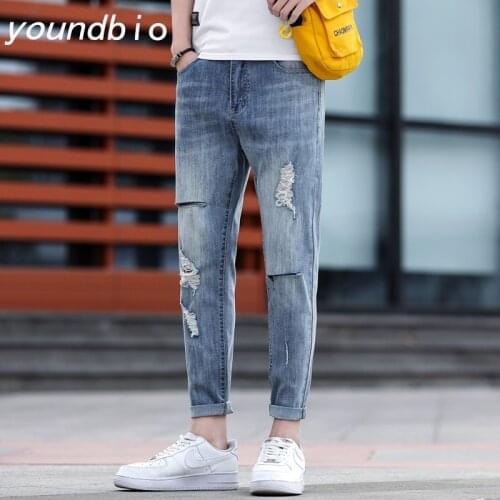 Men Ripped Jeans Summer Streetwear Blue Slim Fit Ankle-Length Pants Pants New Trend Nine-Point Fashion Casual Jeans 3012