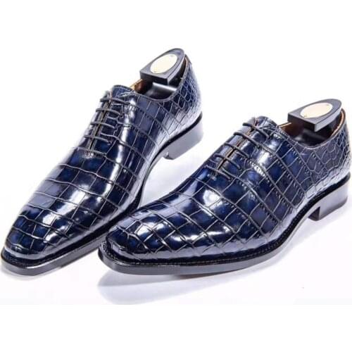 Best Quality 100% Genuine real crocodile belly skin men shoe durable solid Glossy crocodile skin men dress business shoe blue