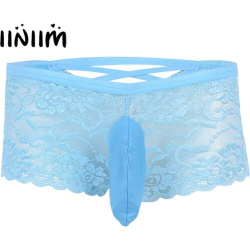 Mens Lingerie Sexy Gay Panties Lace Criss-cross Back Boxer Briefs Erotic Hot Underwear Underpants with Closed Penis Sheath