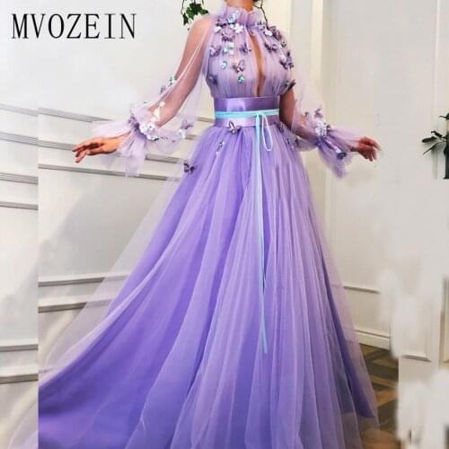 MVOZEIN Elegant Evening Dress 3D Flower Evening Dresses Long High Collar Sleeve Formal Party Gowns robe de soiree