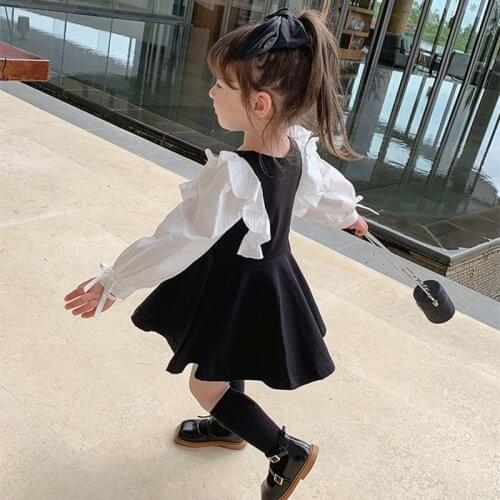 New Spring Autumn Children Dress Fashion England Style Long Sleeve Wood Ear Patchwork A-line Dress Girls Elegant Dress Vestidoes