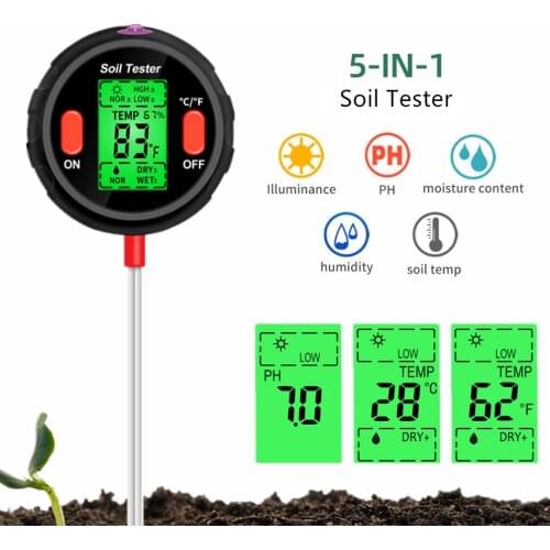 5 in 1 Soil Ph Meter Soil Tester Humidity Moisture Sensor Temperature Flower Meter Intensity Detector for Plants Flowers Garden