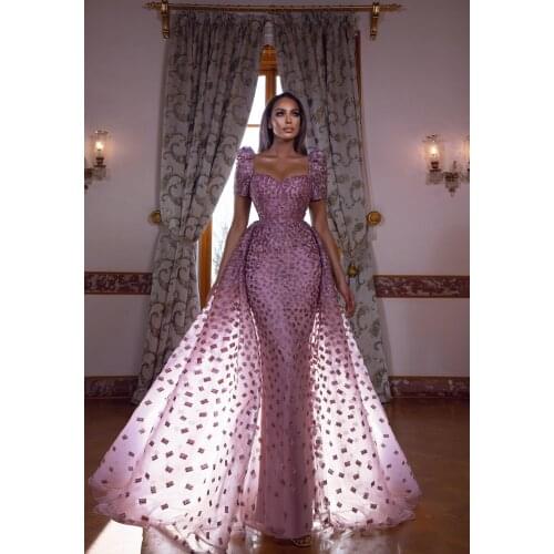 Lilac 2021 Prom Dress With Detachable Train Short Sleeve Appliqued Beaded African Plus Size Women Party Dresses Evening Gowns