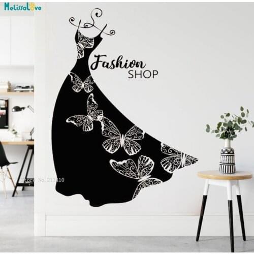 Butterfly Print Handmade Evening Dress Wall Sticker Lovely Girl Window Sticker Beauty Salon Woman Shop Clothing Poster YT4655