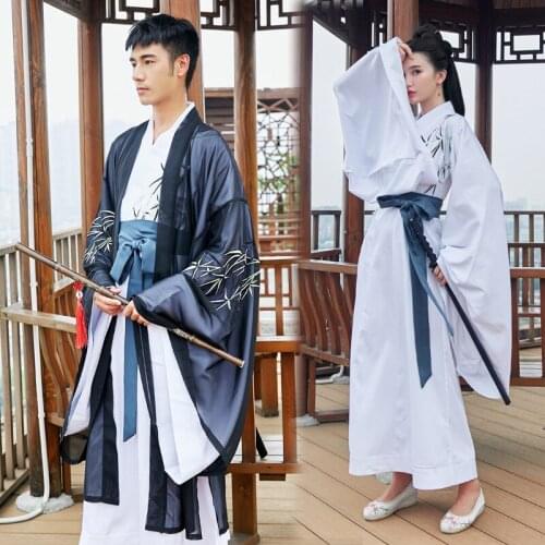 Straight train blue jade Embroidery Flower ancient style Wei Jin style large sleeve shirt for men and women lovers