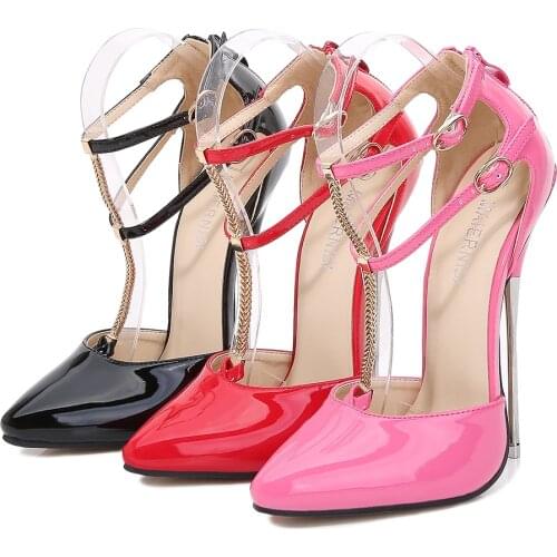 SDTRFT zapatos mujer 16cm Metal thin high heels shoes woman Pointed Toe Female Party Sandals Cross strap Pink Cosplay Punk pumps