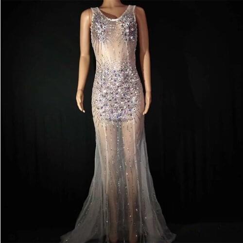 Sexy DJ Jazz Sparkly Colorful Rhinestones Perspective Birthday Celebrate See Through Mesh Costume Evening Net Dress DJ1021