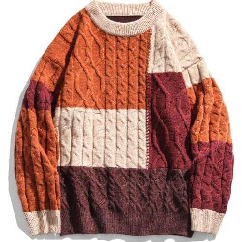 Color Block Patchwork Knitted Sweater Men Women Hip Hop Streetwear Loose Pullover Men Harajuku Jumper Sweater Oversize Tops 2020