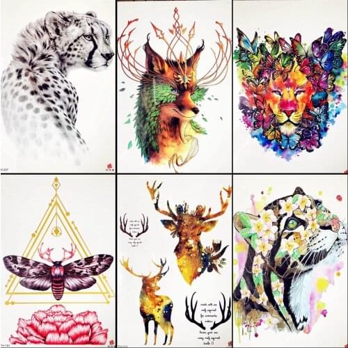 Yellow Elk Wolf Tattoo Stickers Women Sexy Temporary Men Arm Tatoo Moose Festival Chest Transferable Fake 3D Leopard Tattoo