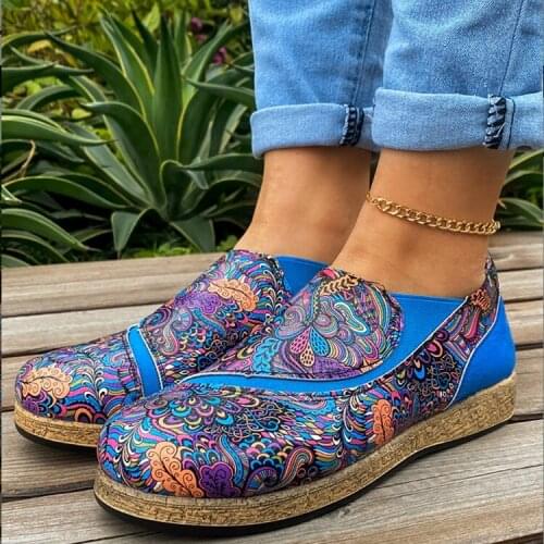 Slip On Casual Flats Leather Splicing Printed Pattern Flat Shoes Leather Splicing Printed Pattern Slip-On Fashion Flats