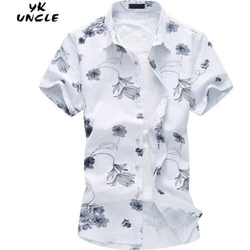 YK UNCLE Brand Summer New Mens Cotton Linen Shirt 2017 Fashion Casual Male Short Sleeve Floral Shirt Large Size Mens Clothing