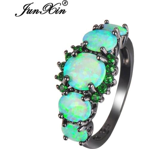 JUNXIN Super Quality Geometric Oval Green Fire Opal Ring Black Gold Filled Green Zircon Birthstone Rings For Women Gifts RB1371