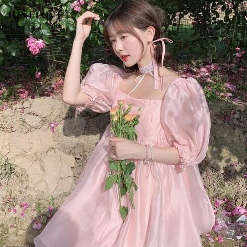 Kawaii Mini Dress Women Summer 2021 Puff Sleeve Korean Casual Party Dresses Pink Sweet Cute Princess Lolita Sundress Beach Boho